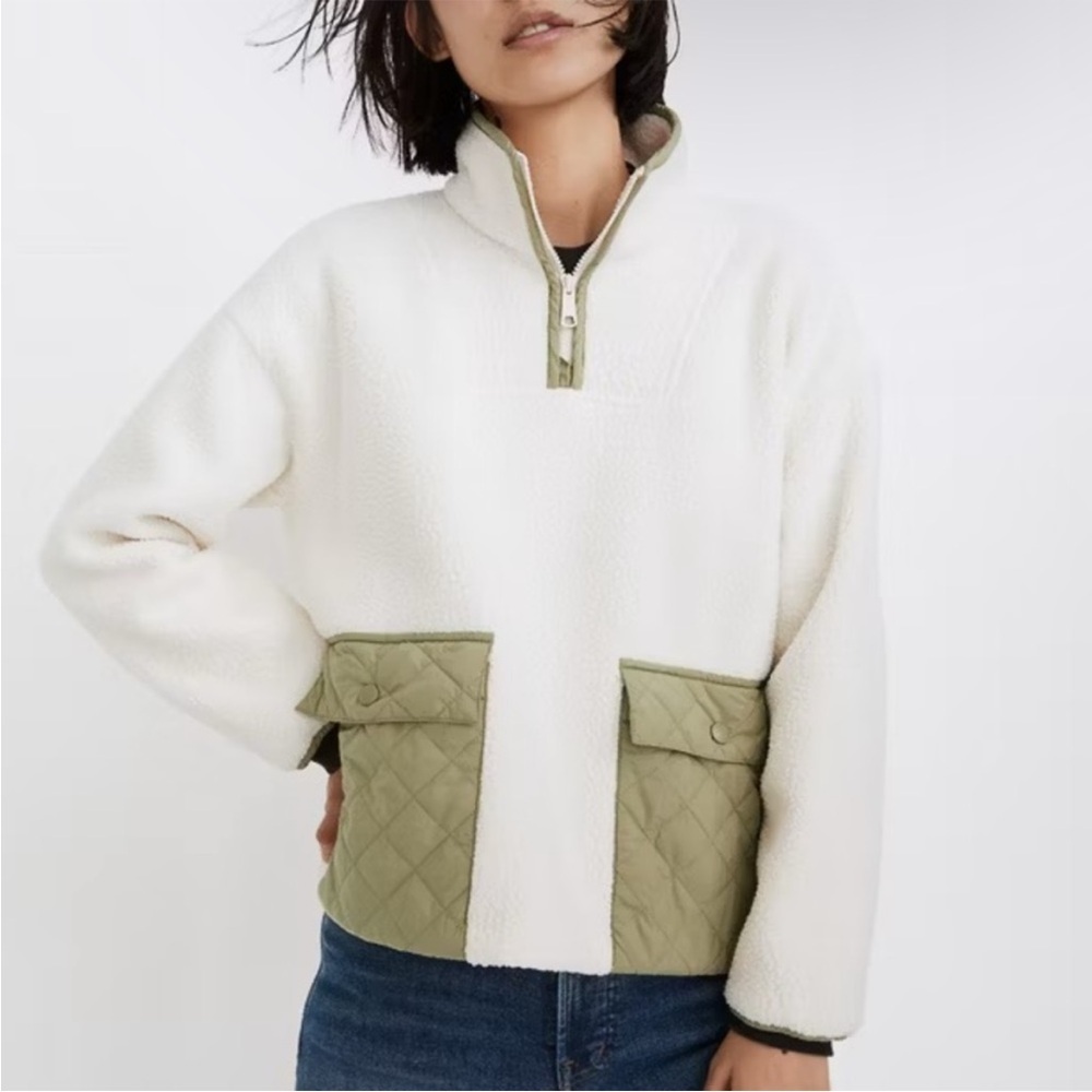 Madewell Re-Sourced Fleece Quilted-Pocket Popover Jacket In Cream & Olive Size S
